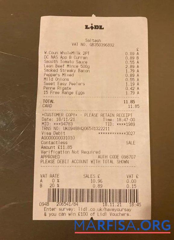 Downloadable Lidl supermarket payment receipt real example